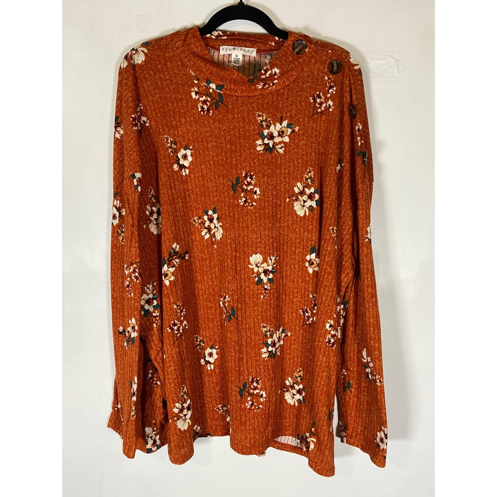 Eyecandy 3X Floral Ribbed Mock Neck Top Faux Button Shoulder Stretch Boho